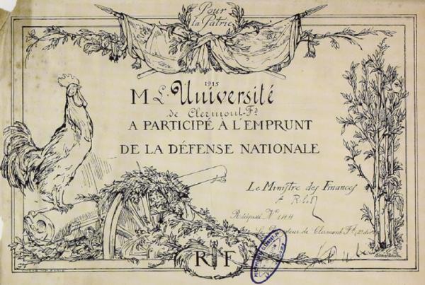 Certificat de participation à l’Emprunt de la défense nationale de l’Université de Clermont en 1915 [AD 63 (T 6382)]
