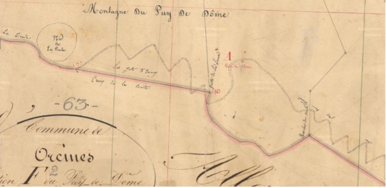 « Montagne du Puy de Dôme », extrait du cadastre ancien de la commune d’Orcines, section F, 2ème feuille [Archives départementales du Puy-de-Dôme, 51 Fi 850]