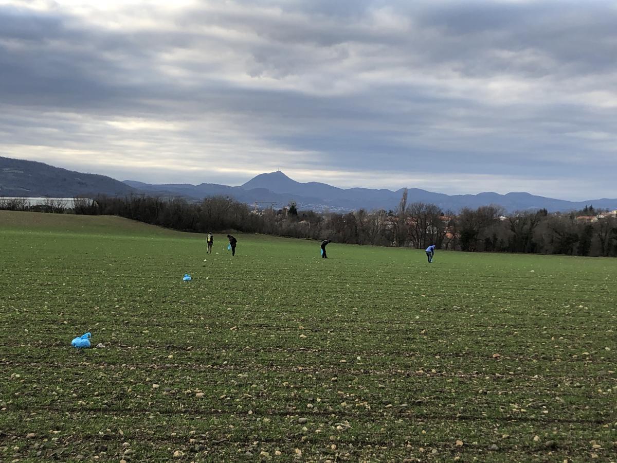 Fig. 3 : Prospections au sol systématiques menées à l’intérieur de l’oppidum de Gondole. / © B. Dousteyssier, MSH Clermont, 2019.