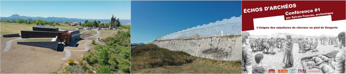1. Musée Archéologique de la Bataille de Gergovie / © Pictures Fabryc, CD63 - 2019 2. Évocation du rempart de l'oppidum de Gergovie / © CD63, 2020 - dessin : Yoann Bit Monnot DPLG - cliché : PicturesFabryc 3. Conférence #1 d'Échos d'Archéos / Illustration