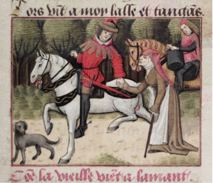 Jean de Meung, Roman de la Rose, « Comme la vieille vient a l’amant »,  Oxford, Bodleian Library, ms. Douce 195, f. 105r, fin XVe s. – end of 15th c.